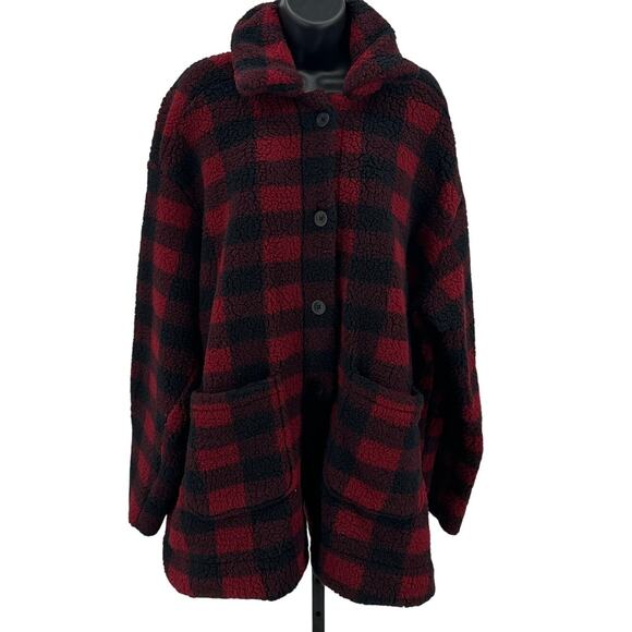 Lee Jacket WMNS 2XL Red Black Buffalo Plaid Sherpa Fleece Button Up Long Sleeves - Picture 1 of 8